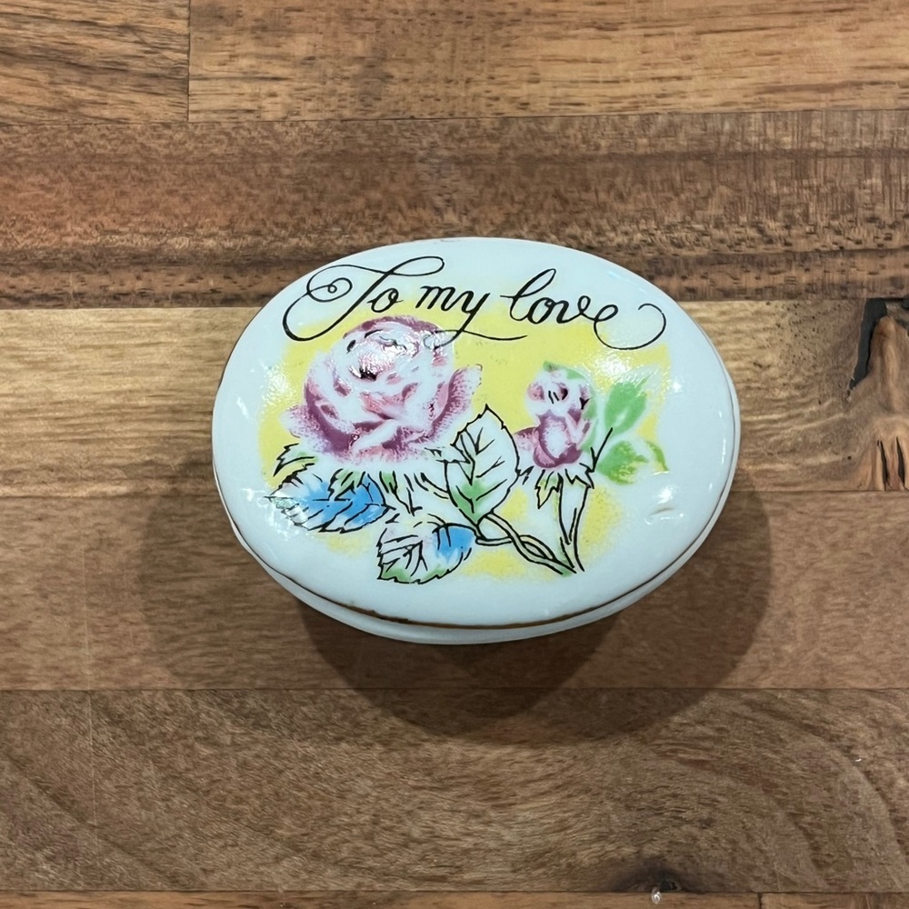 Vintage Floral Trinket Box with 'To My Love' Inscription. 
So sweet!